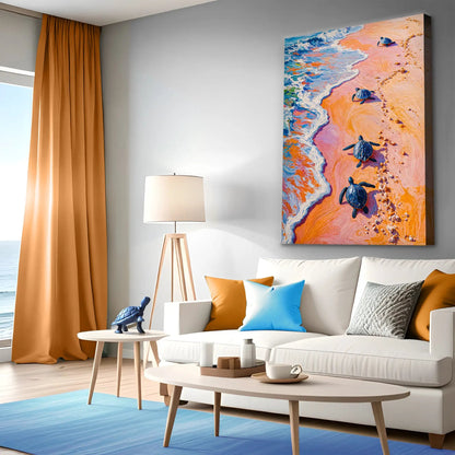 Turtles' Journey To The Sea canvas wall art pink sandy beach with sea turtles Tailored Canvases on Tampa Home & Garden Store