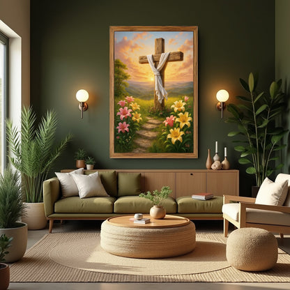 Cross and Flowers Faith Wall Art II canvas; white cloth on a wooden cross amid lilies on Tampa Home & Garden Store