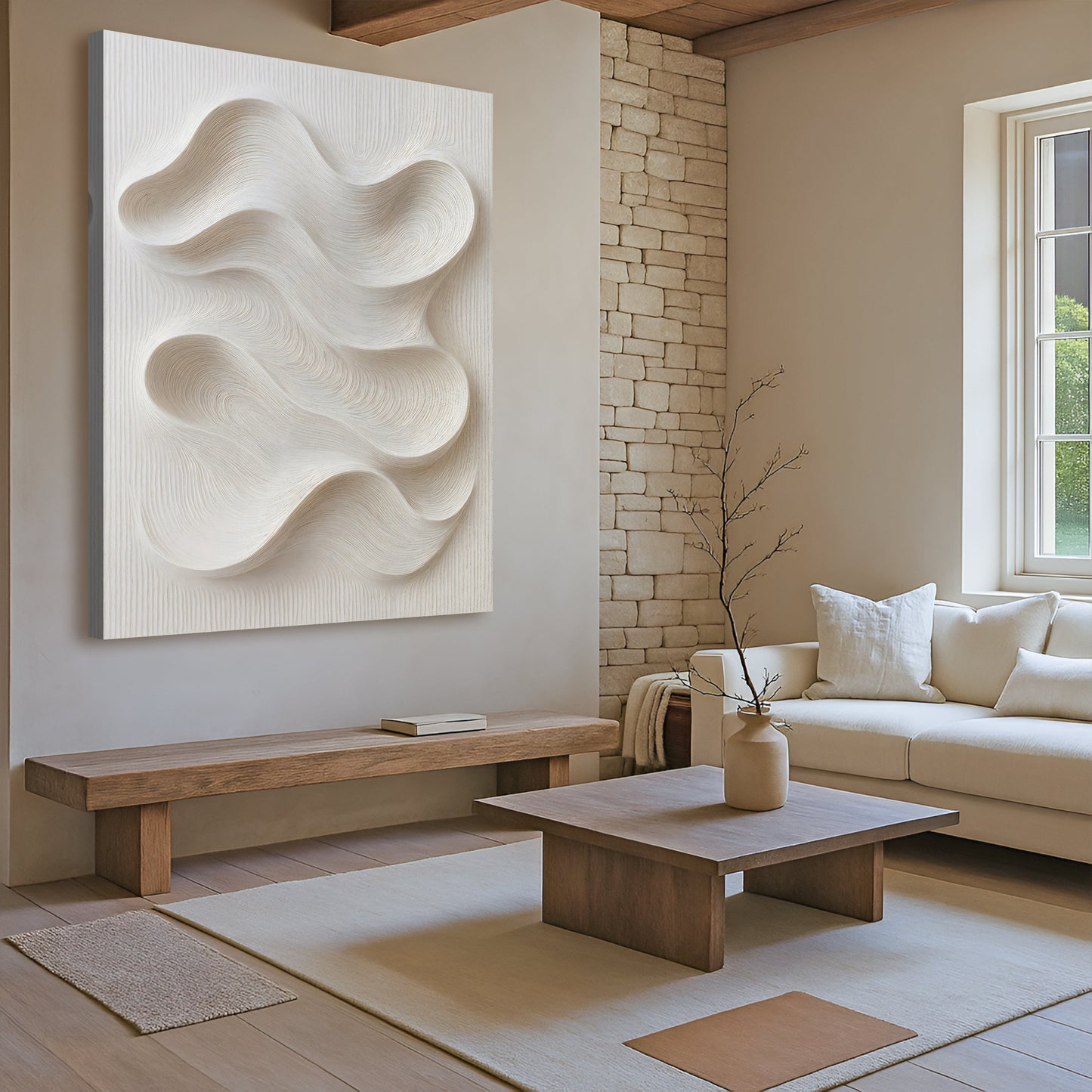 Minimalist Waves Wall Art canvas by Tailored Canvases; white textured wave sculpture in living room on Tampa Home & Garden Store