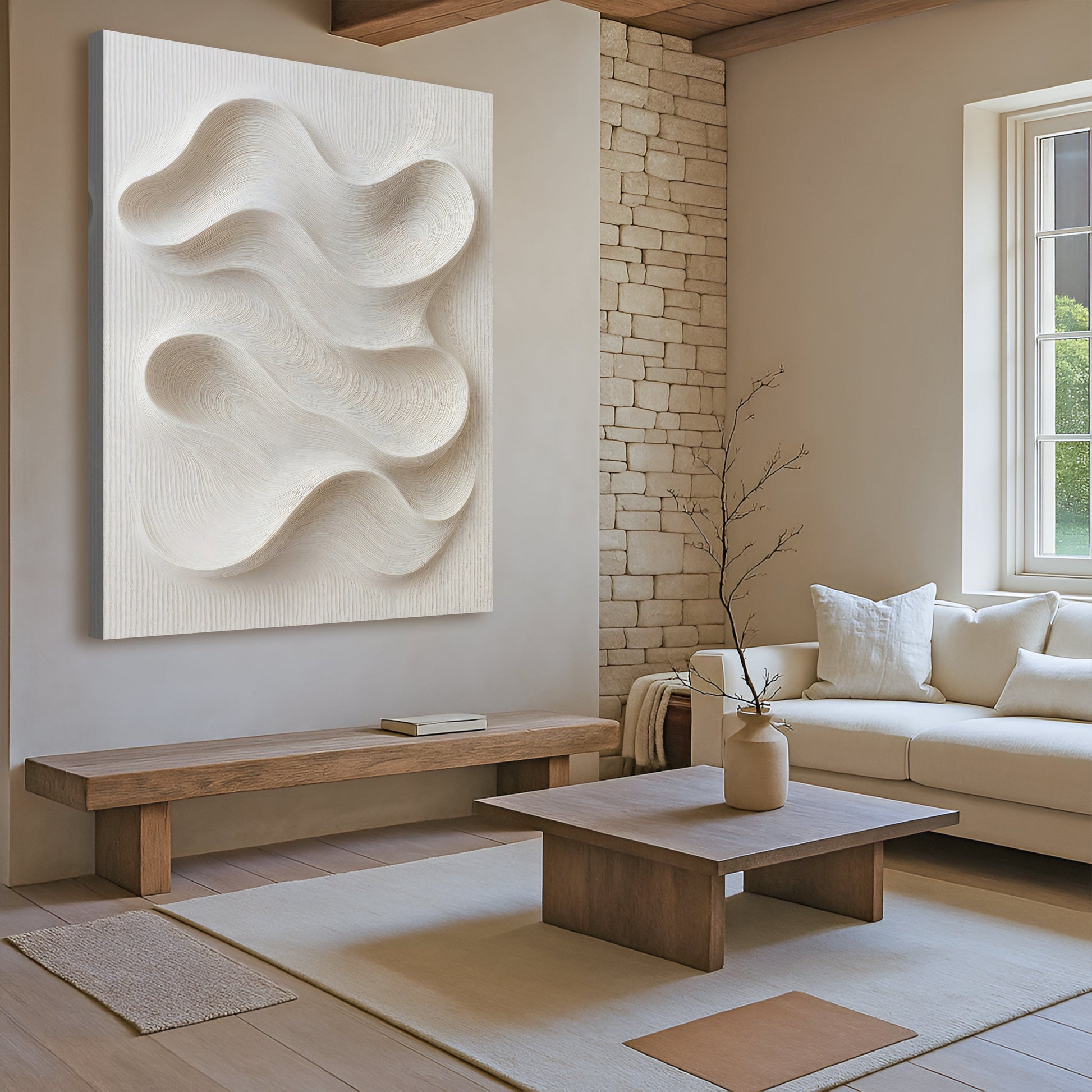 Minimalist Waves Wall Art canvas by Tailored Canvases; white textured wave sculpture in living room on Tampa Home & Garden Store