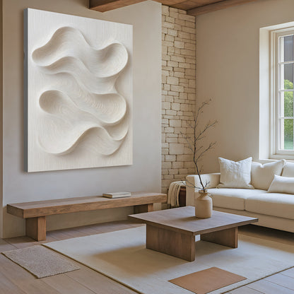 Minimalist Waves Wall Art canvas by Tailored Canvases; white textured wave sculpture in living room on Tampa Home & Garden Store