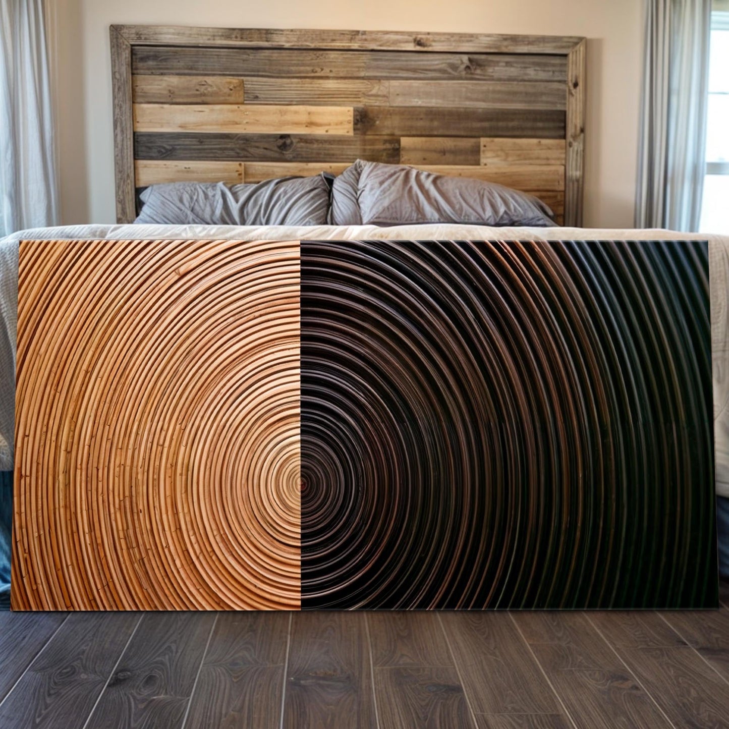 Modern Abstract Minimalist Wall Art XI canvas with warm tan and dark rings by Tailored Canvases on Tampa Home & Garden Store