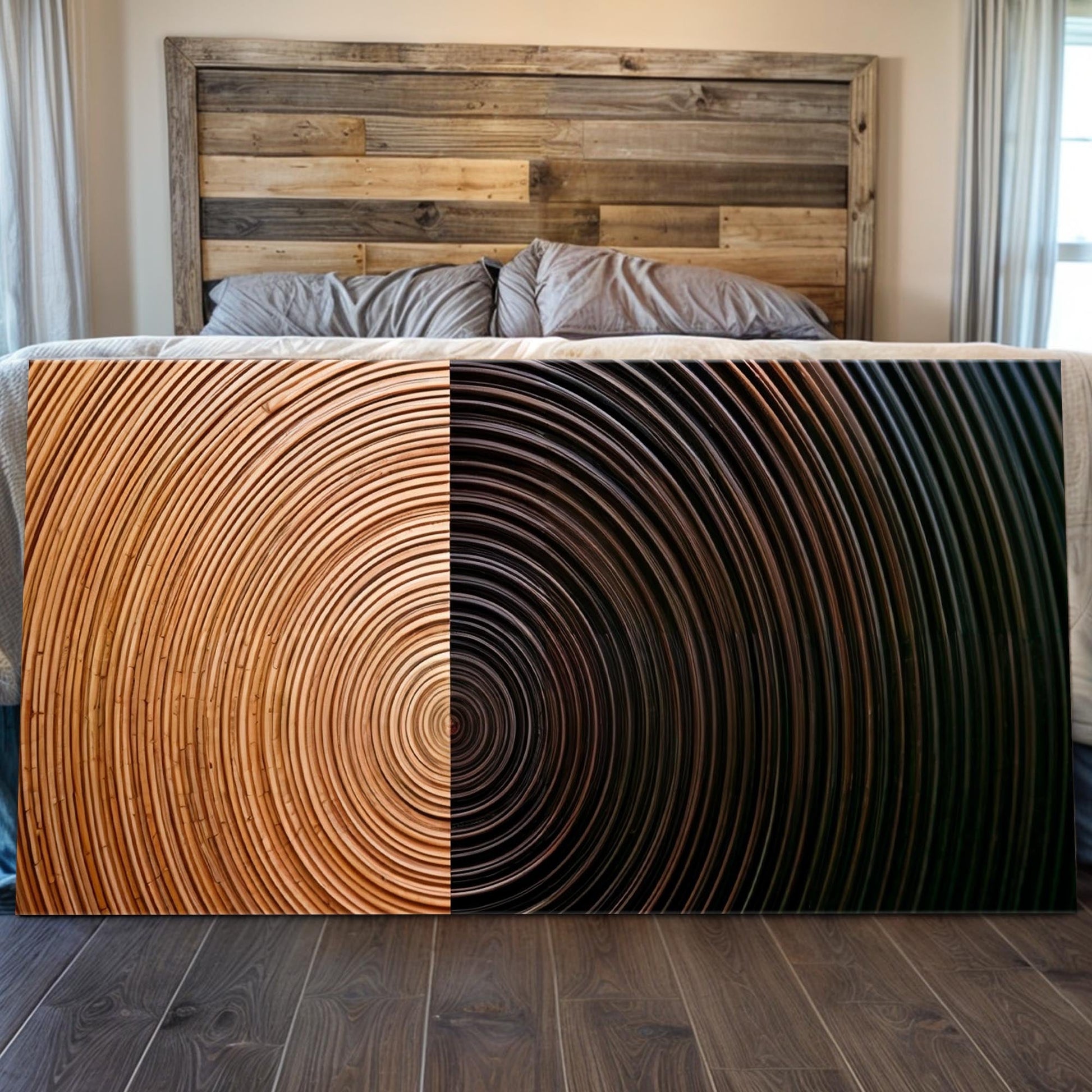 Modern Abstract Minimalist Wall Art XI canvas with warm tan and dark rings by Tailored Canvases on Tampa Home & Garden Store