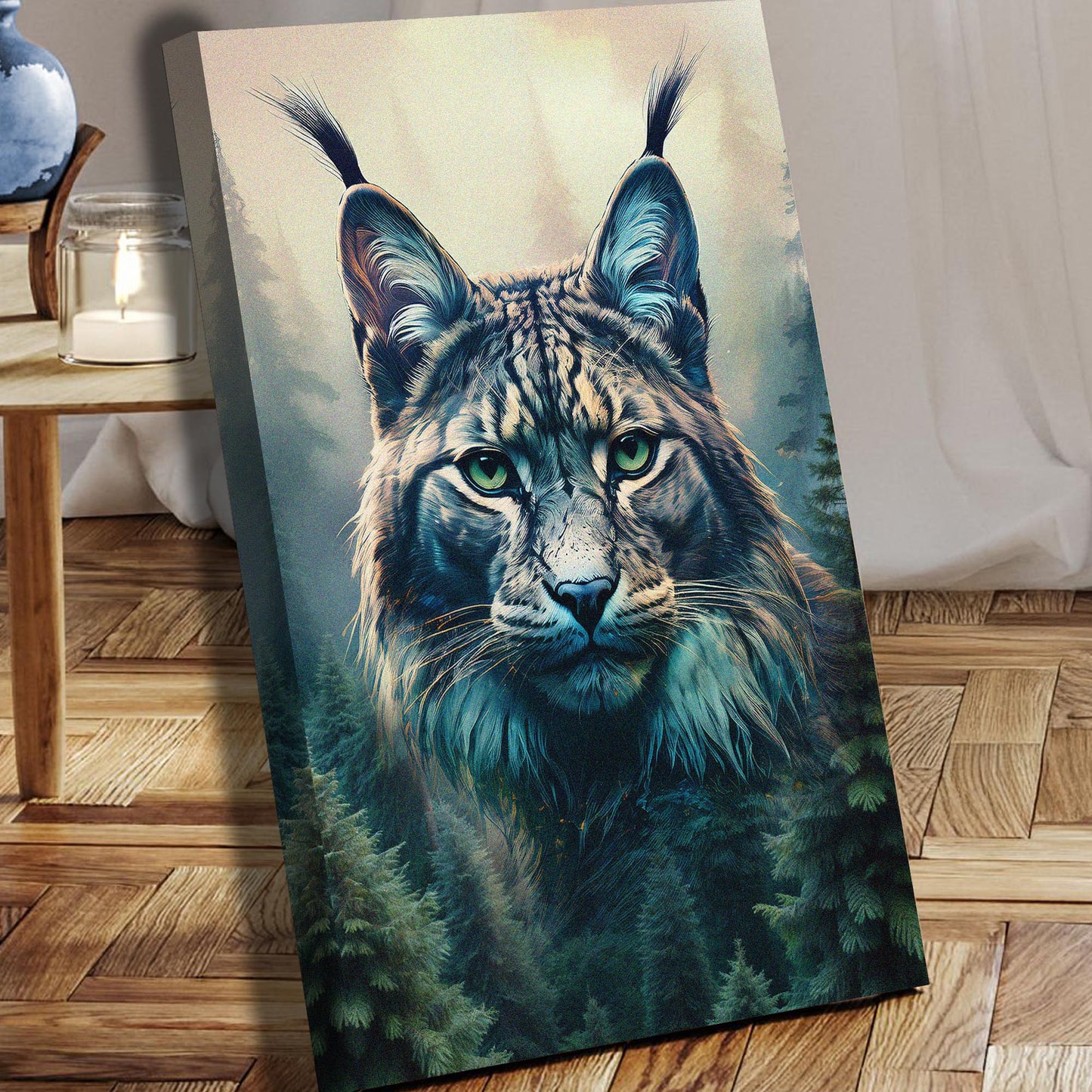 Lynx Double Exposure Wall Art canvas featuring a blue-toned lynx close-up with forest detail on Tampa Home & Garden Store