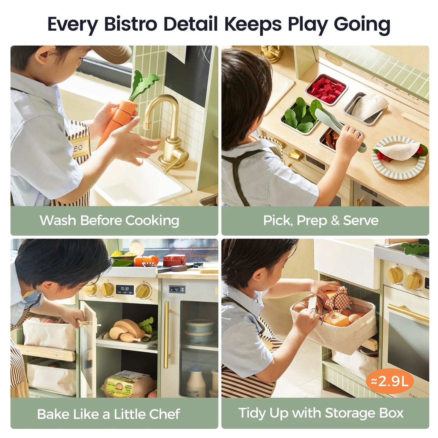 Tiny Land BistroSwitch Play Kitchen pastel green with brass faucet, kids cooking on Tampa Home & Garden Store