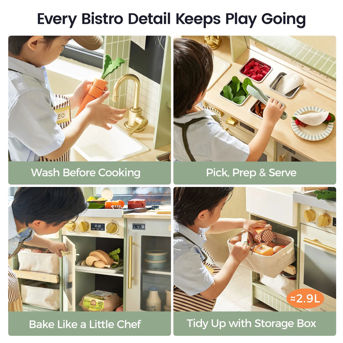 Tiny Land BistroSwitch Play Kitchen pastel green with brass faucet, kids cooking on Tampa Home & Garden Store