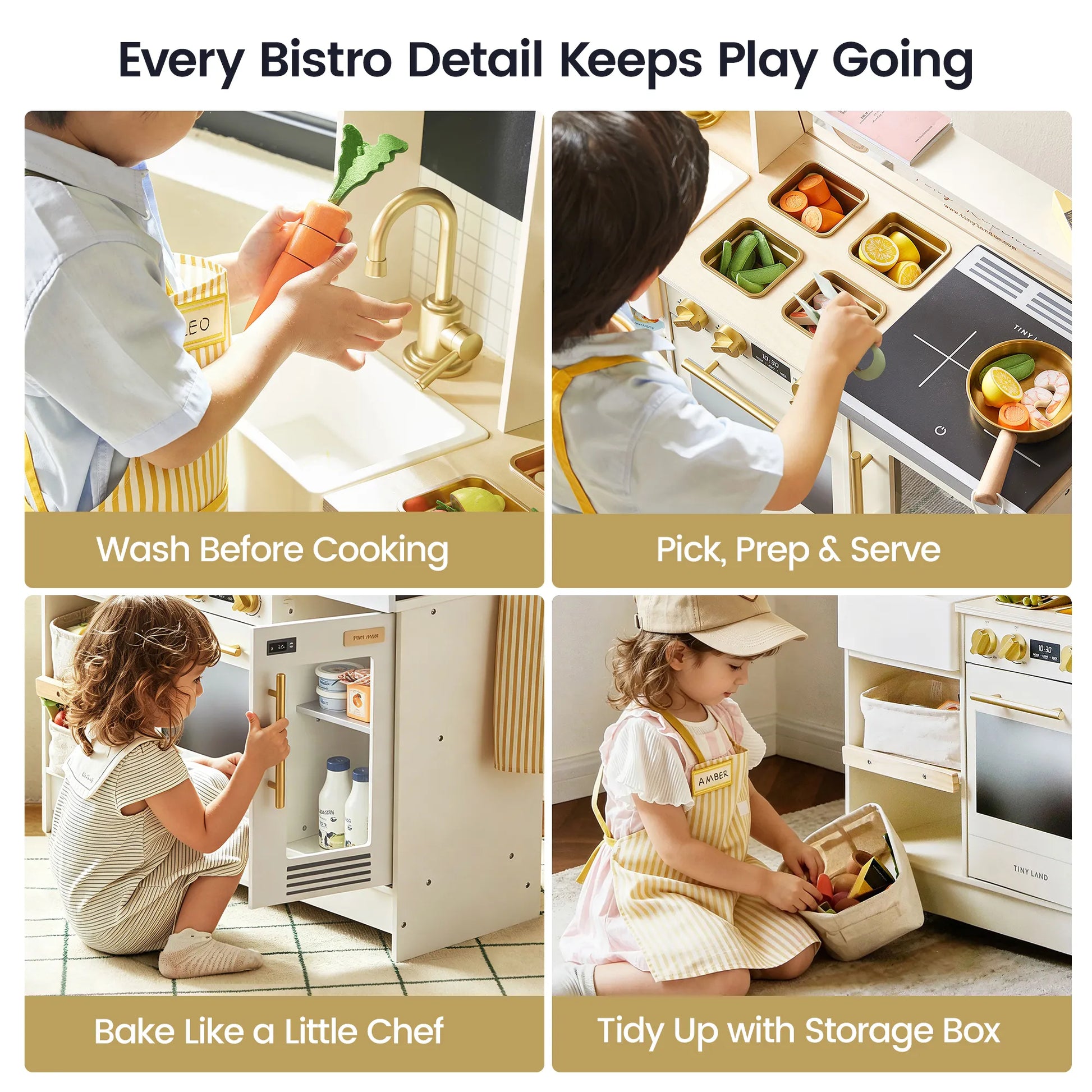 Tiny Land BistroSwitch Play Kitchen by Tiny Land INC cream toy kitchen with sink, stove, storage on Tampa Home & Garden Store