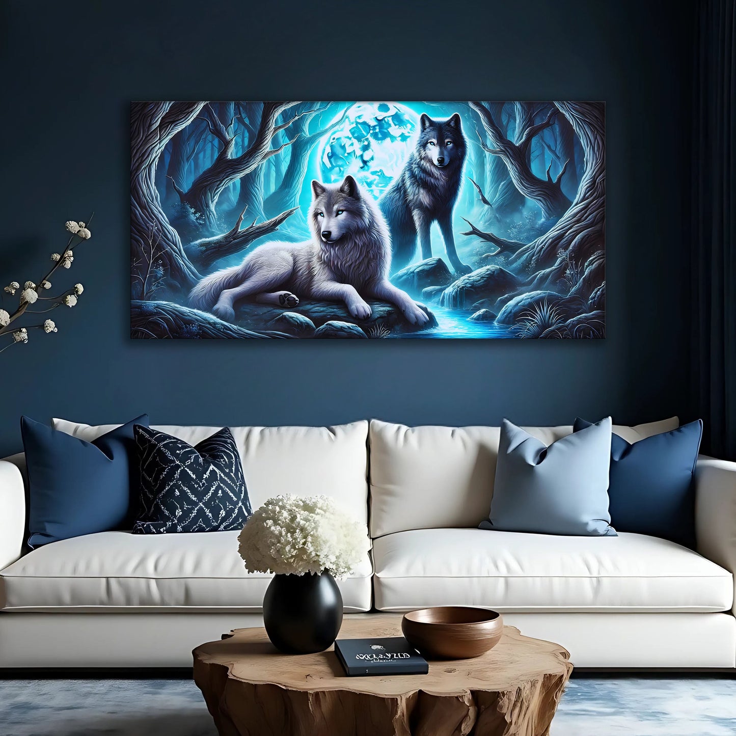 3D Wolves Wall Art canvas by Tailored Canvases, blue forest scene with two wolves on Tampa Home & Garden Store