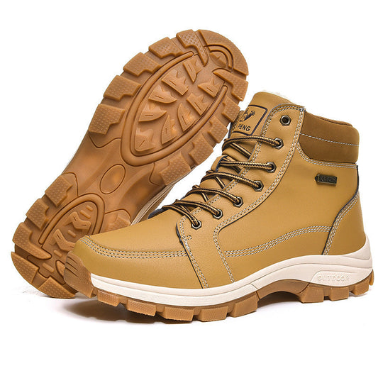 Brown Winter Mens Snow Boots Stevvex waterproof leather ankle boots with rugged lug sole on Tampa Home & Garden Store