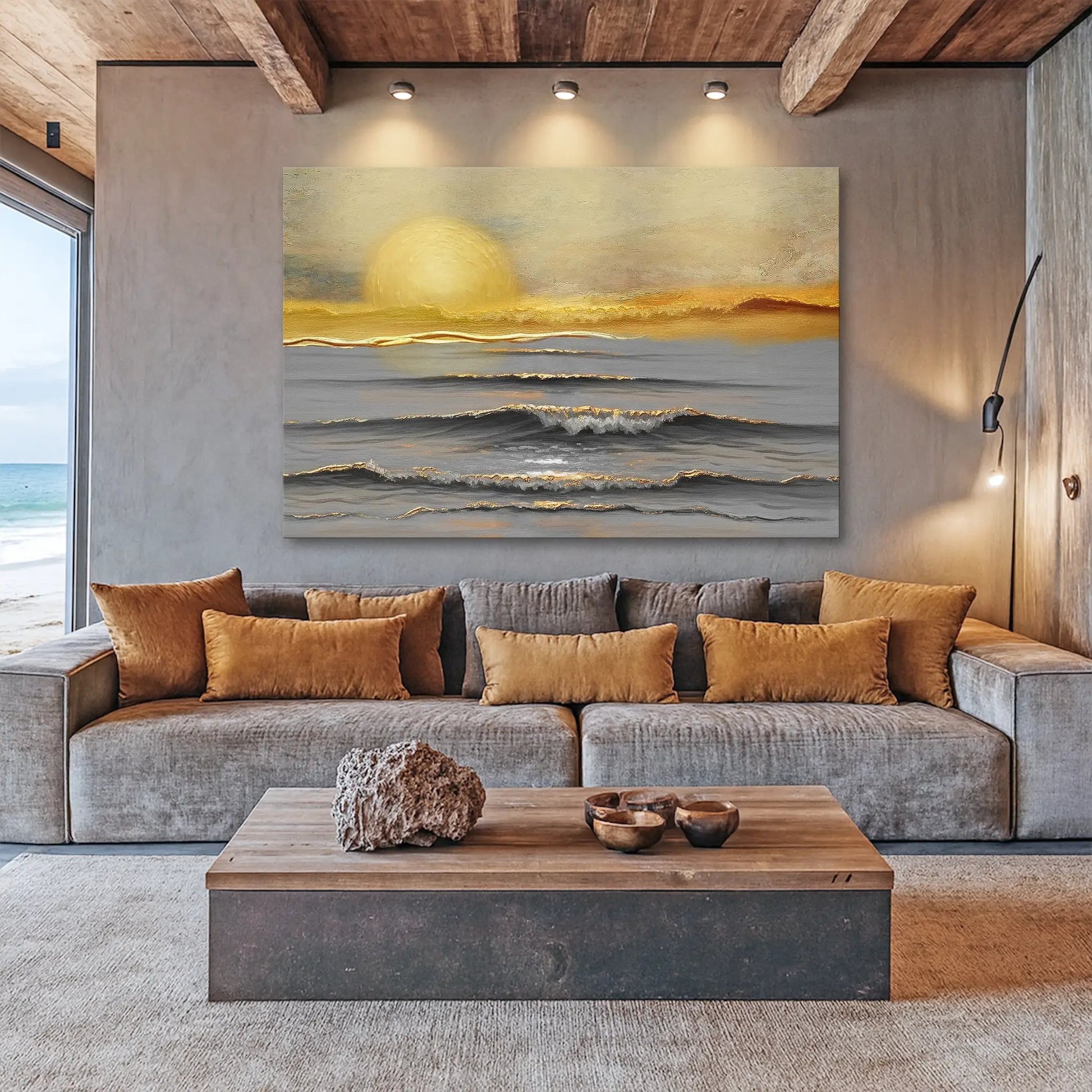 Golden Horizon Calm wall art canvas by Tailored Canvases with golden sunset over the ocean on Tampa Home & Garden Store