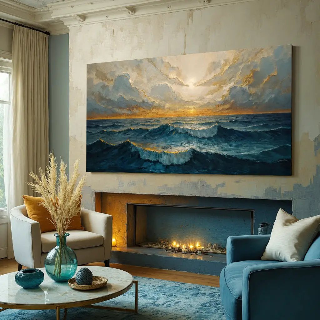 Waterscape Abstract Wall Art XI canvas by Tailored Canvases with blue ocean waves at sunset on Tampa Home & Garden Store