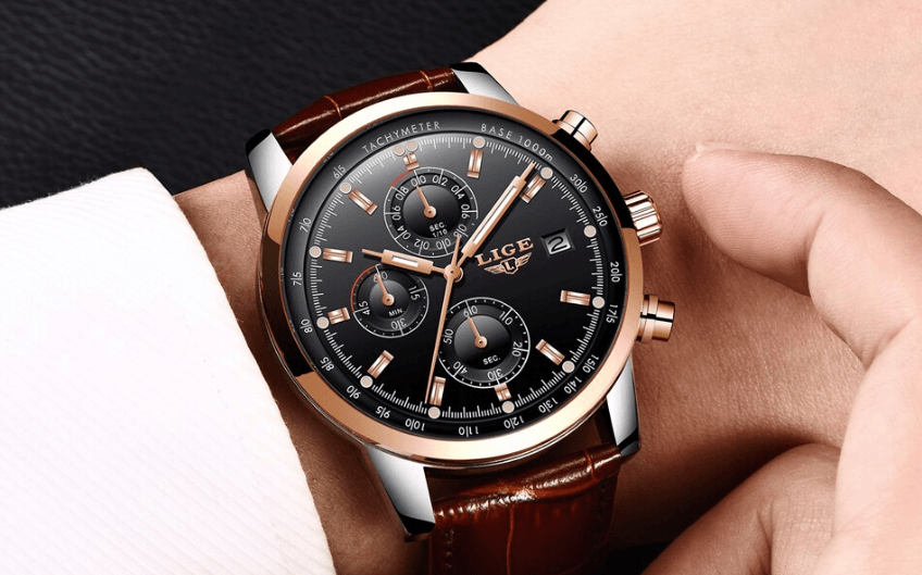 Stevvex ST1LG5450MTK men's waterproof chronograph watch with black dial and leather strap on Tampa Home & Garden Store