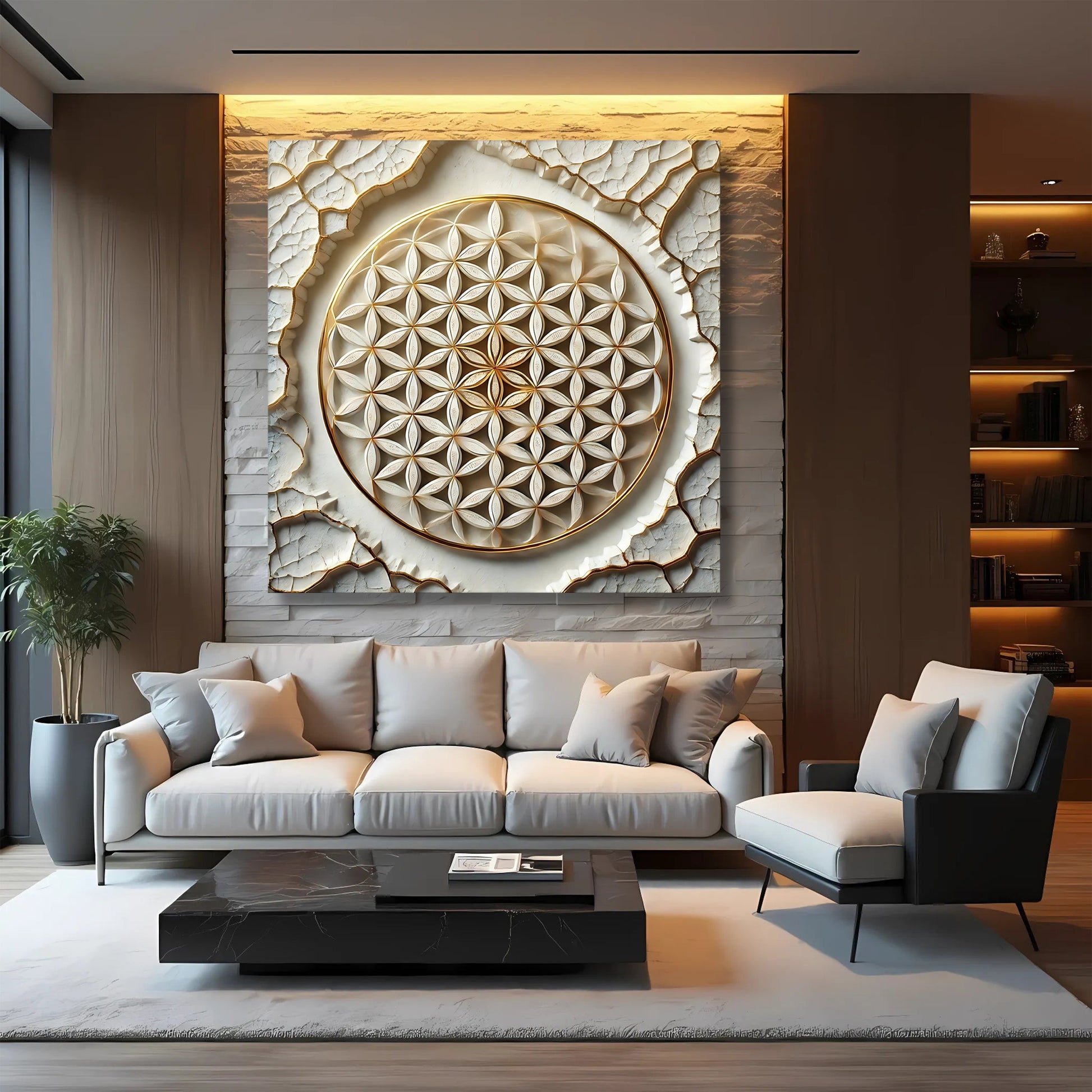 Flower Of Life Wall Art VI canvas by Tailored Canvases; cream embossed petals with gold ring on Tampa Home & Garden Store