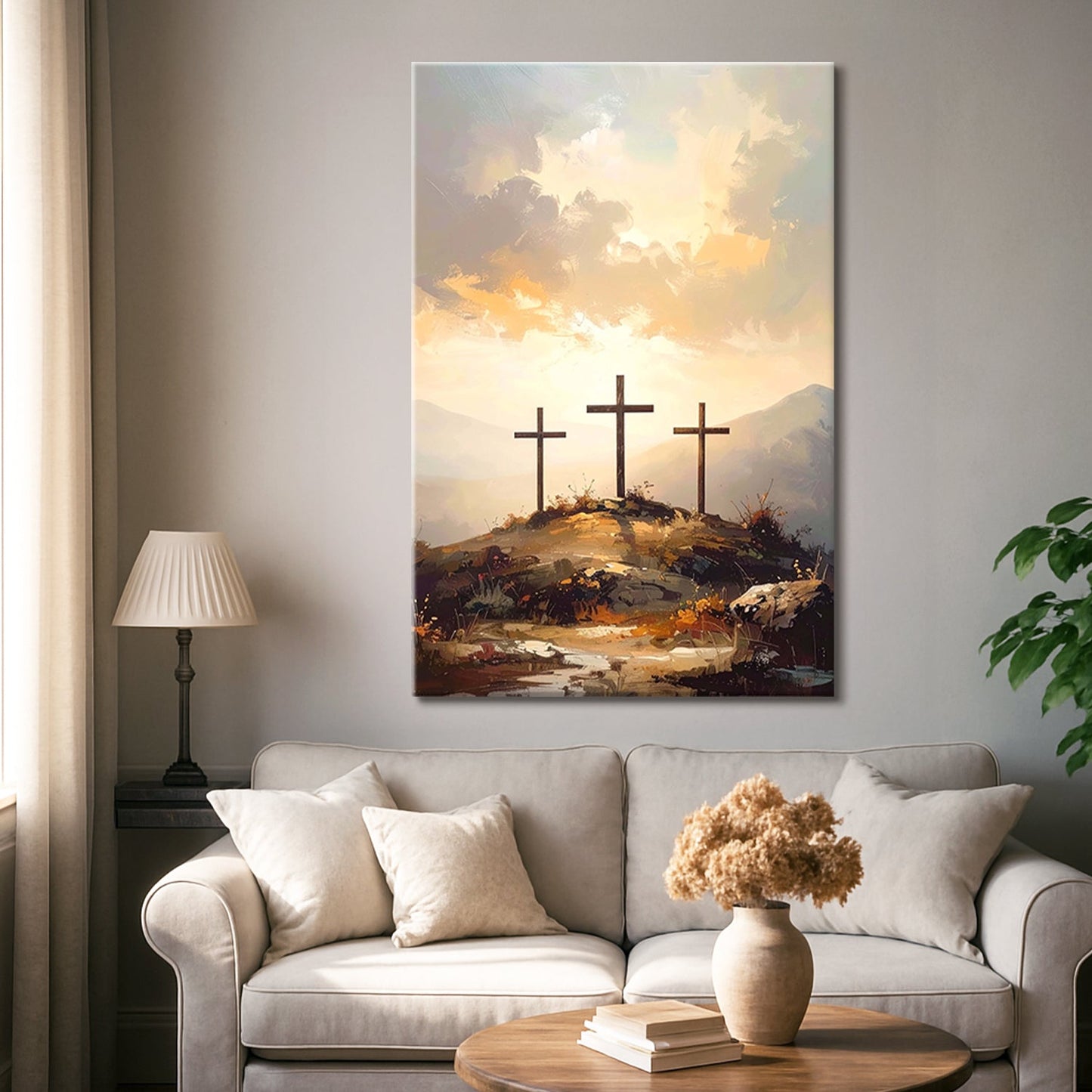 Three Crosses on Calvary Faith Wall Art canvas Tailored Canvases with pastel sky on Tampa Home & Garden Store