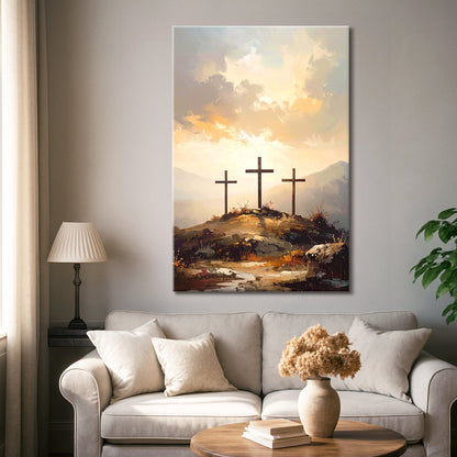 Three Crosses on Calvary Faith Wall Art canvas Tailored Canvases with pastel sky on Tampa Home & Garden Store