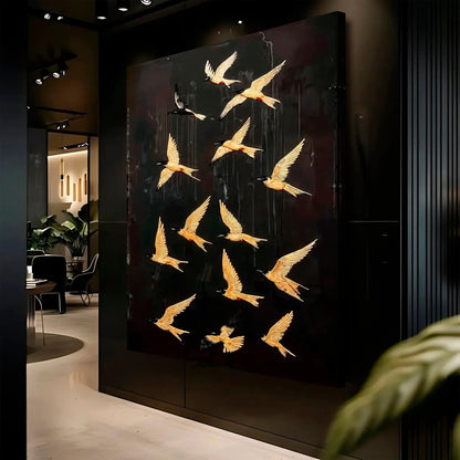 Abstract Flying Swallow wall art canvas by Tailored Canvases with gold swallows on dark on Tampa Home & Garden Store
