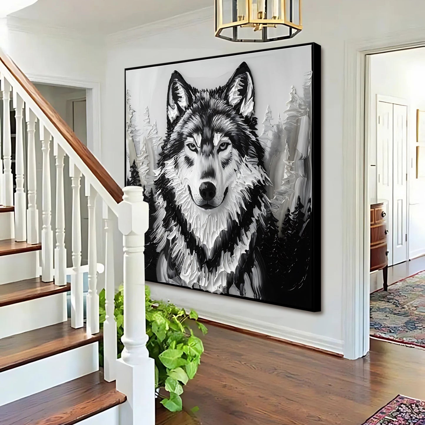 3D Wolf Wall Art IV canvas by Tailored Canvases, black-framed monochrome wolf portrait on Tampa Home & Garden Store