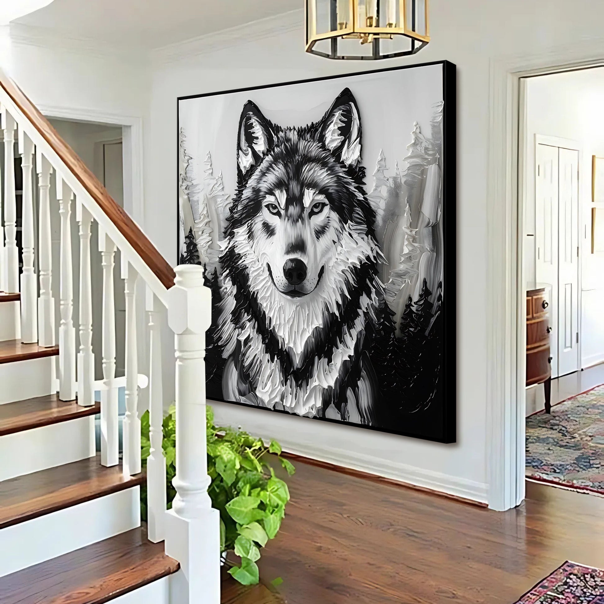 3D Wolf Wall Art IV canvas by Tailored Canvases, black-framed monochrome wolf portrait on Tampa Home & Garden Store
