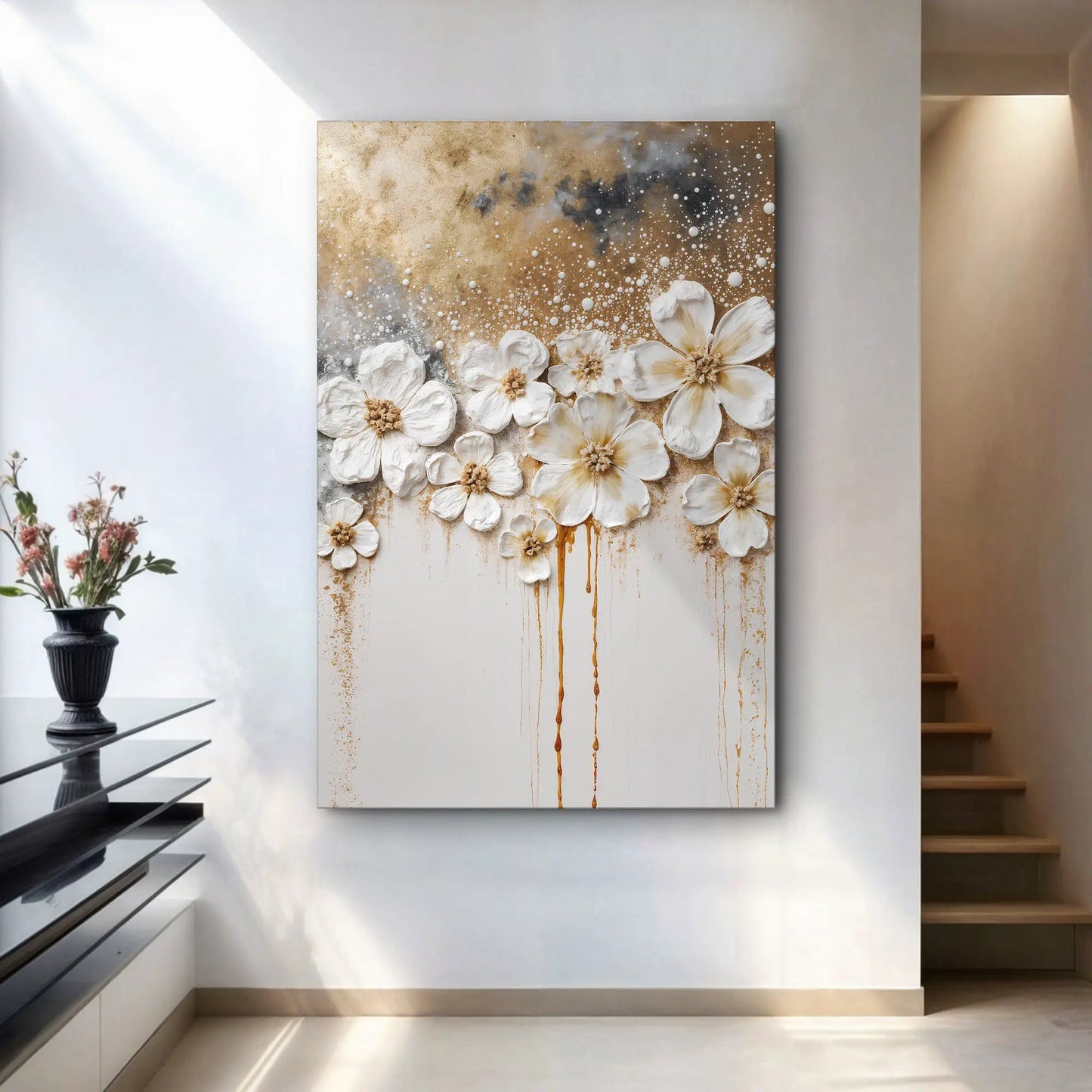 Gold Floral Wall Art canvas by Tailored Canvases with white flowers and gold splatter on Tampa Home & Garden Store