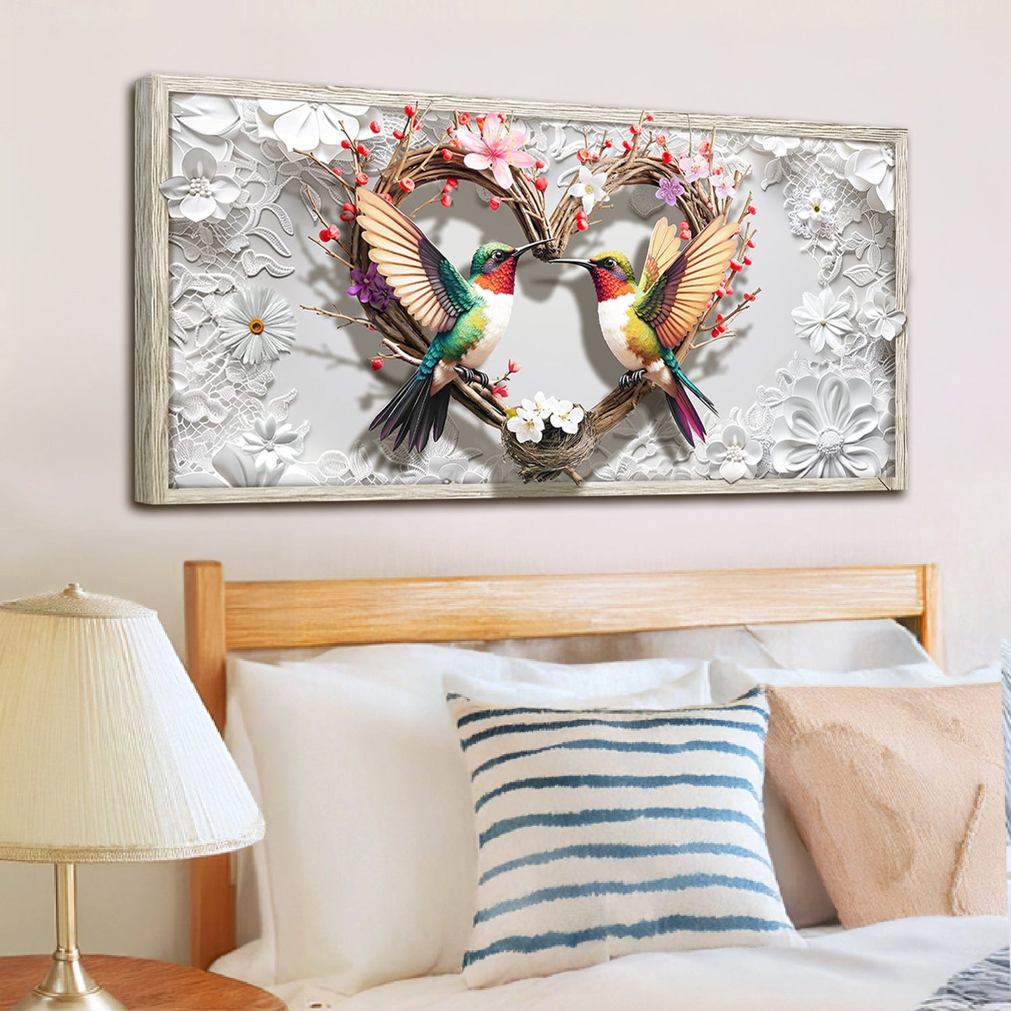 3D Hummingbirds Wall Art IV print by Tailored Canvases: two hummingbirds on a twig heart wreath on Tampa Home & Garden Store
