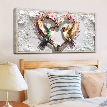 3D Hummingbirds Wall Art IV print by Tailored Canvases: two hummingbirds on a twig heart wreath on Tampa Home & Garden Store