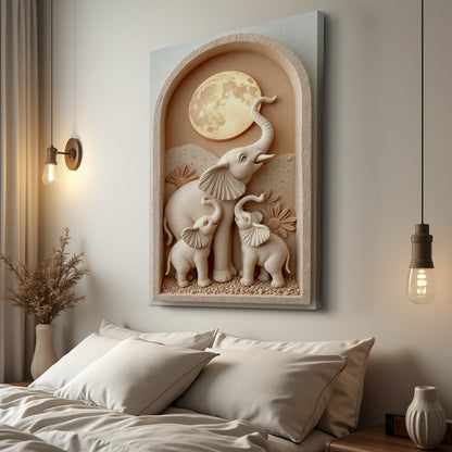 Elephant Harmony Canvas wall art by Tailored Canvases; beige relief elephants with moon motif on Tampa Home & Garden Store