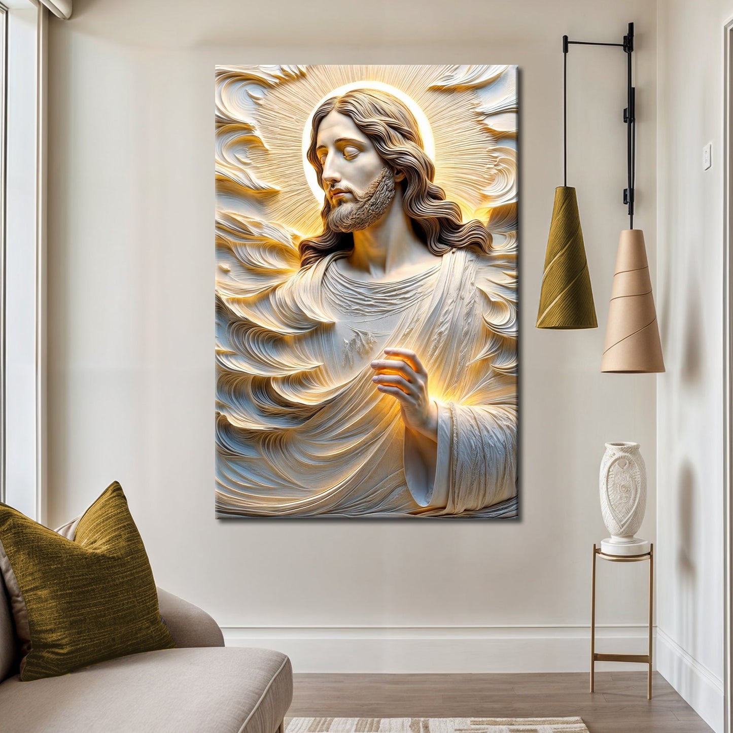 Canvas wall art Faith Over Fear Sacred Serenity by Tailored Canvases with haloed figure on Tampa Home & Garden Store