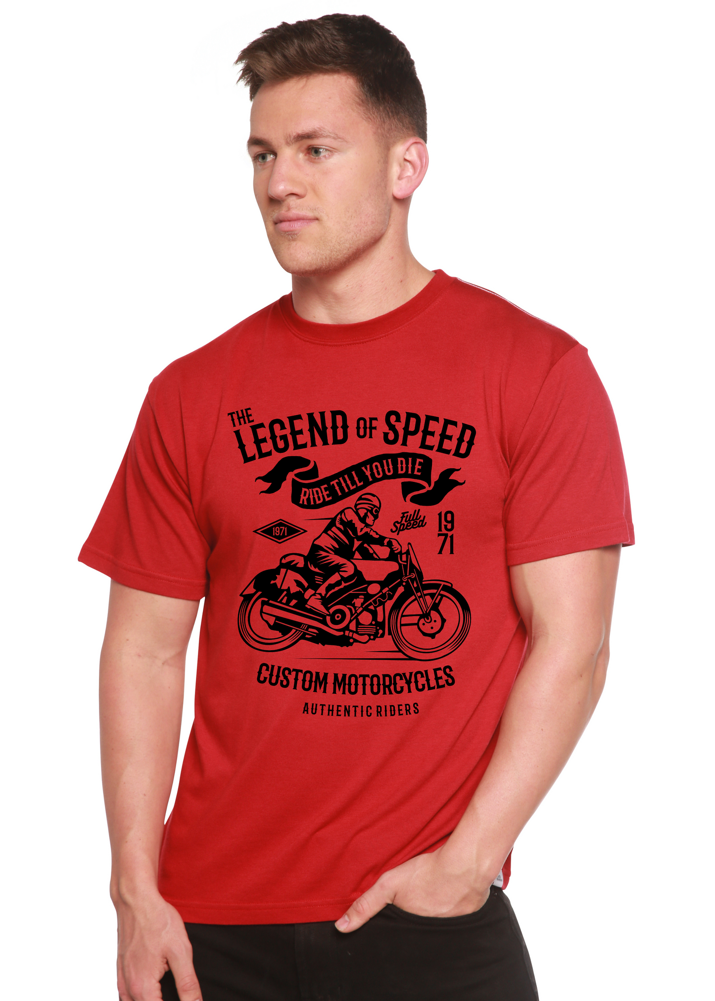 Men's red graphic T-shirt from Spun Bamboo with The Legend of Speed print on Tampa Home & Garden Store