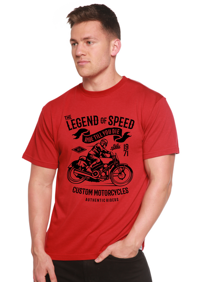 Men's red graphic T-shirt from Spun Bamboo with The Legend of Speed print on Tampa Home & Garden Store