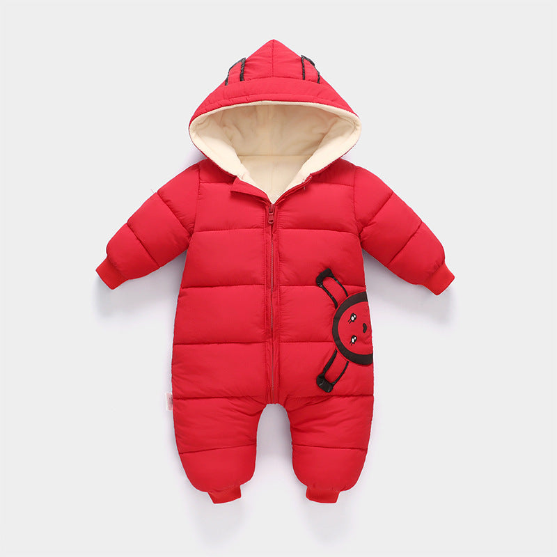 Red baby puffer jumpsuit with hood, cream lining, zip front, Stevvex ladybug patch on Tampa Home & Garden Store