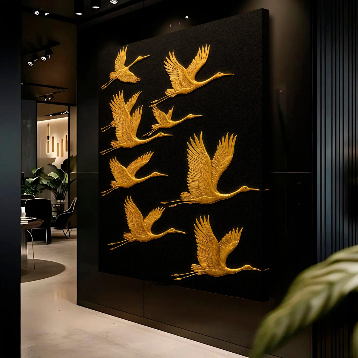 Abstract Sandhill Cranes Canvas by Tailored Canvases with gold crane silhouettes on black canvas on Tampa Home & Garden Store