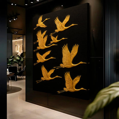 Abstract Sandhill Cranes Canvas by Tailored Canvases with gold crane silhouettes on black canvas on Tampa Home & Garden Store