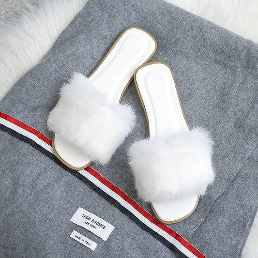 Stevvex 2 white fur slides, open-toe plush slip-ons with fluffy fur strap for indoor/outdoor on Tampa Home & Garden Store