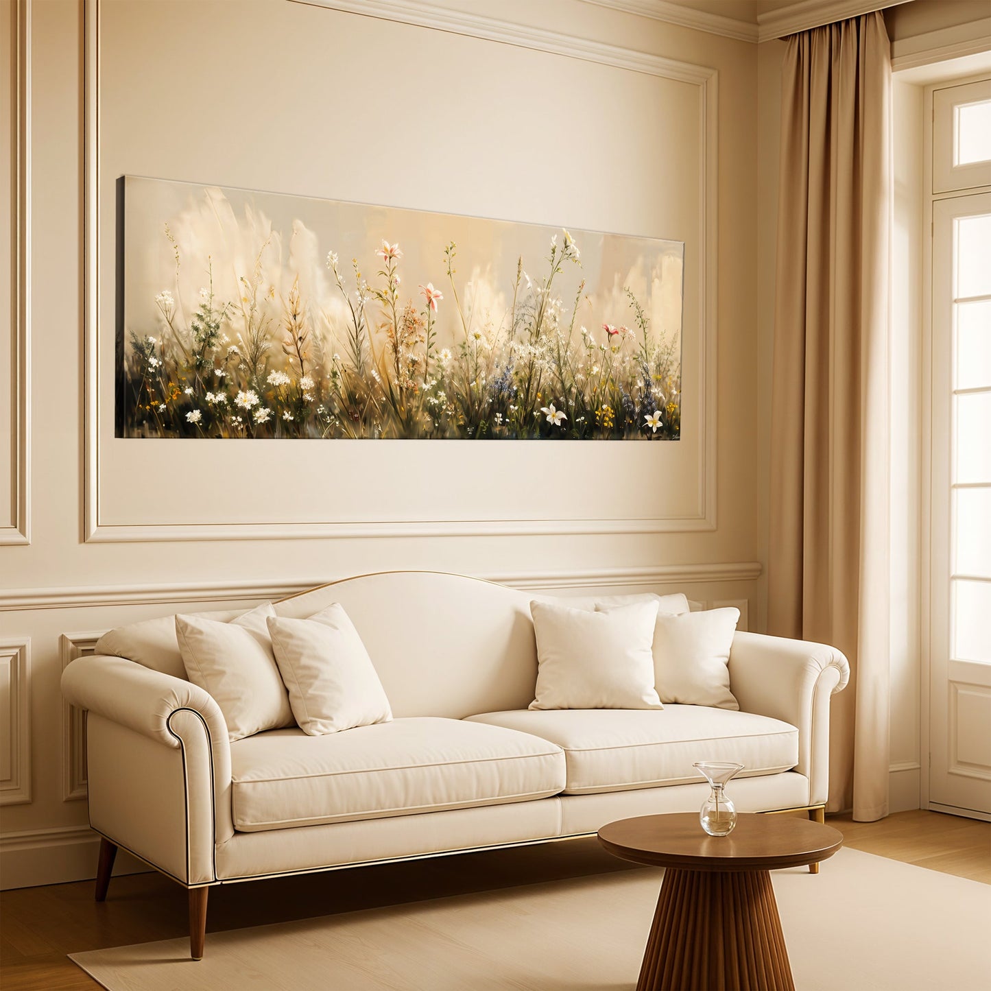 Flower Field Wall Art canvas print Tailored Canvases with pastel wildflowers in beige tones on Tampa Home & Garden Store