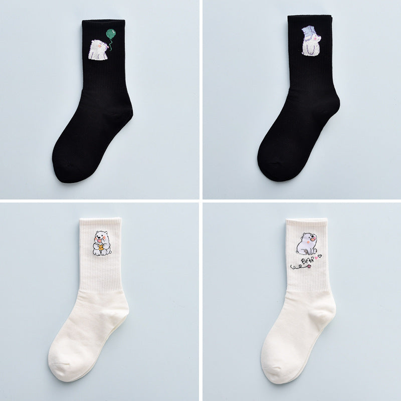 Stevvex 4-pair cotton crew socks mid-waist with bear and animal embroidery in black and white on Tampa Home & Garden Store