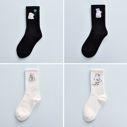 Stevvex 4-pair cotton crew socks mid-waist with bear and animal embroidery in black and white on Tampa Home & Garden Store