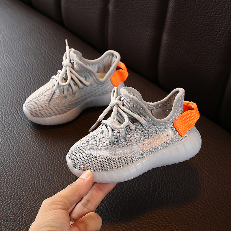Stevvex kids sneakers gray knit upper with orange pull tabs, lace-up pair toddler shoes on Tampa Home & Garden Store