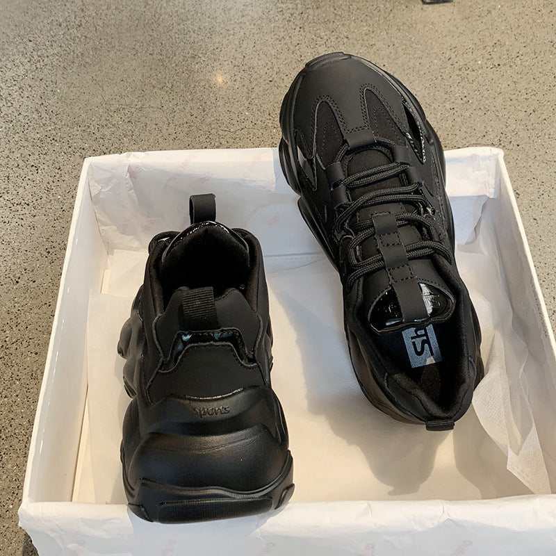 Stevvex women's black leather-look platform sneakers, lace-up casual walking shoes in a box on Tampa Home & Garden Store