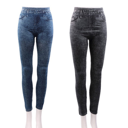 Stevvex leggings jeans with pockets, two denim-look pairs in blue and black, stretch elastic on Tampa Home & Garden Store