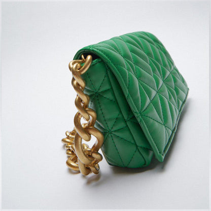 Green quilted shoulder bag by Stevvex with thick gold chain strap, small flap clutch on Tampa Home & Garden Store