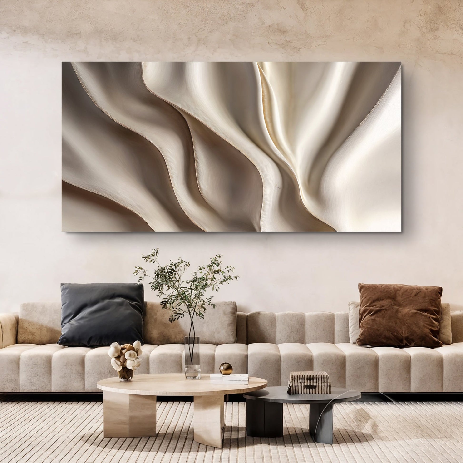Beige minimalist canvas wall art V by Tailored Canvases featuring soft folded textures on Tampa Home & Garden Store