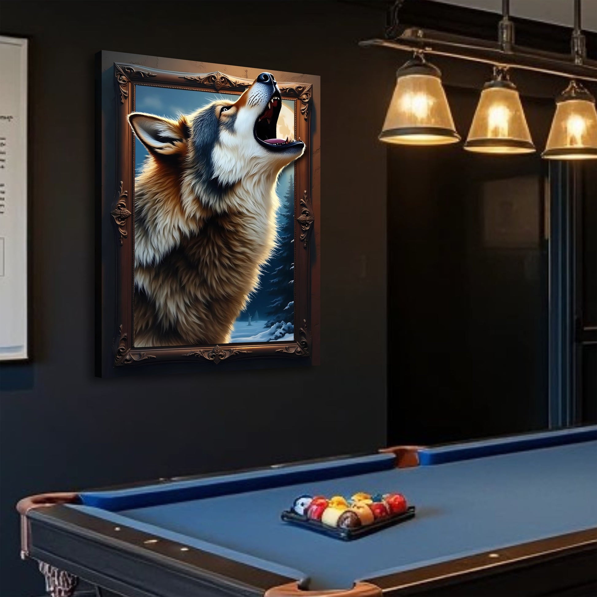 3D Wolf Wall Art canvas Tailored Canvases in ornate brown frame with a howling wolf on Tampa Home & Garden Store