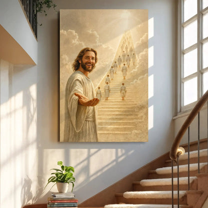 Stairway To Heaven Faith Wall Art canvas in warm sepia tones with a man at a long heavenly stairway on Tampa Home & Garden Store