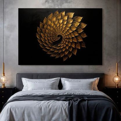 Winged Harmony Abstract Wall Art canvas with gold spiral motif on black Tailored Canvases on Tampa Home & Garden Store