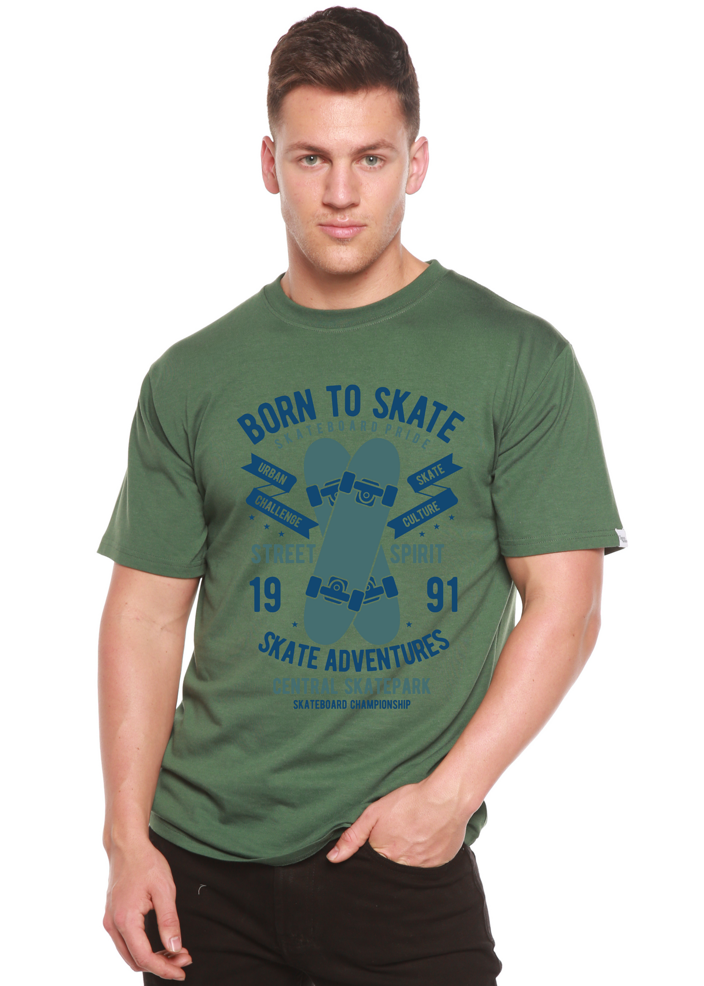 Born To Skate men's bamboo viscose/organic cotton short sleeve graphic tee in olive green with blue skateboard design on Tampa Home & Garden Store