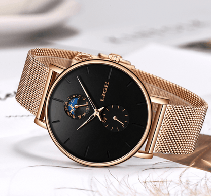 Stevvex women's waterproof watch with black dial and rose gold braided mesh band, subdials on Tampa Home & Garden Store