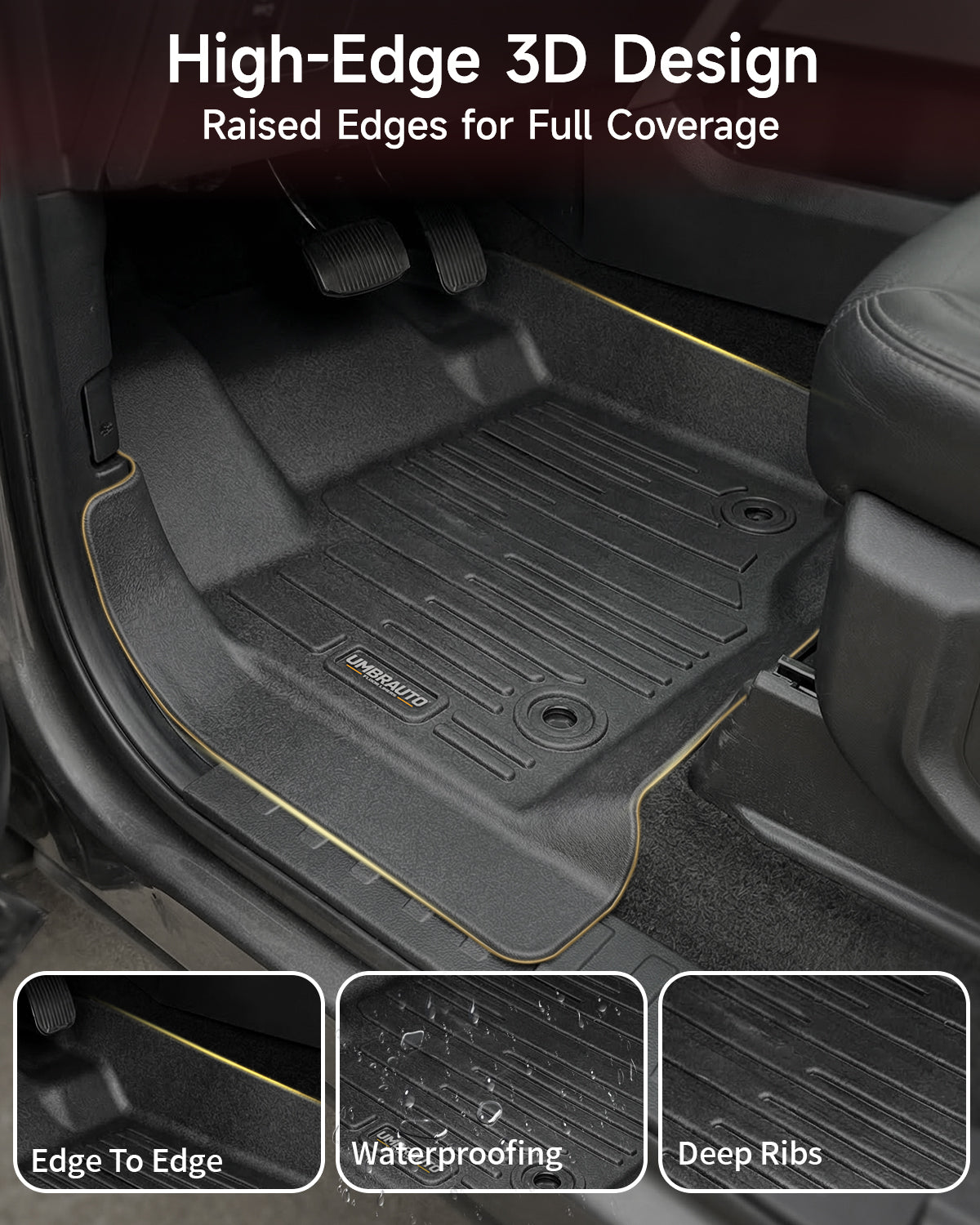 Umbrauto floor mat with yellow edge trim for Ford F-Series Super Duty Crew Cab, all-weather TPE on Tampa Home & Garden Store