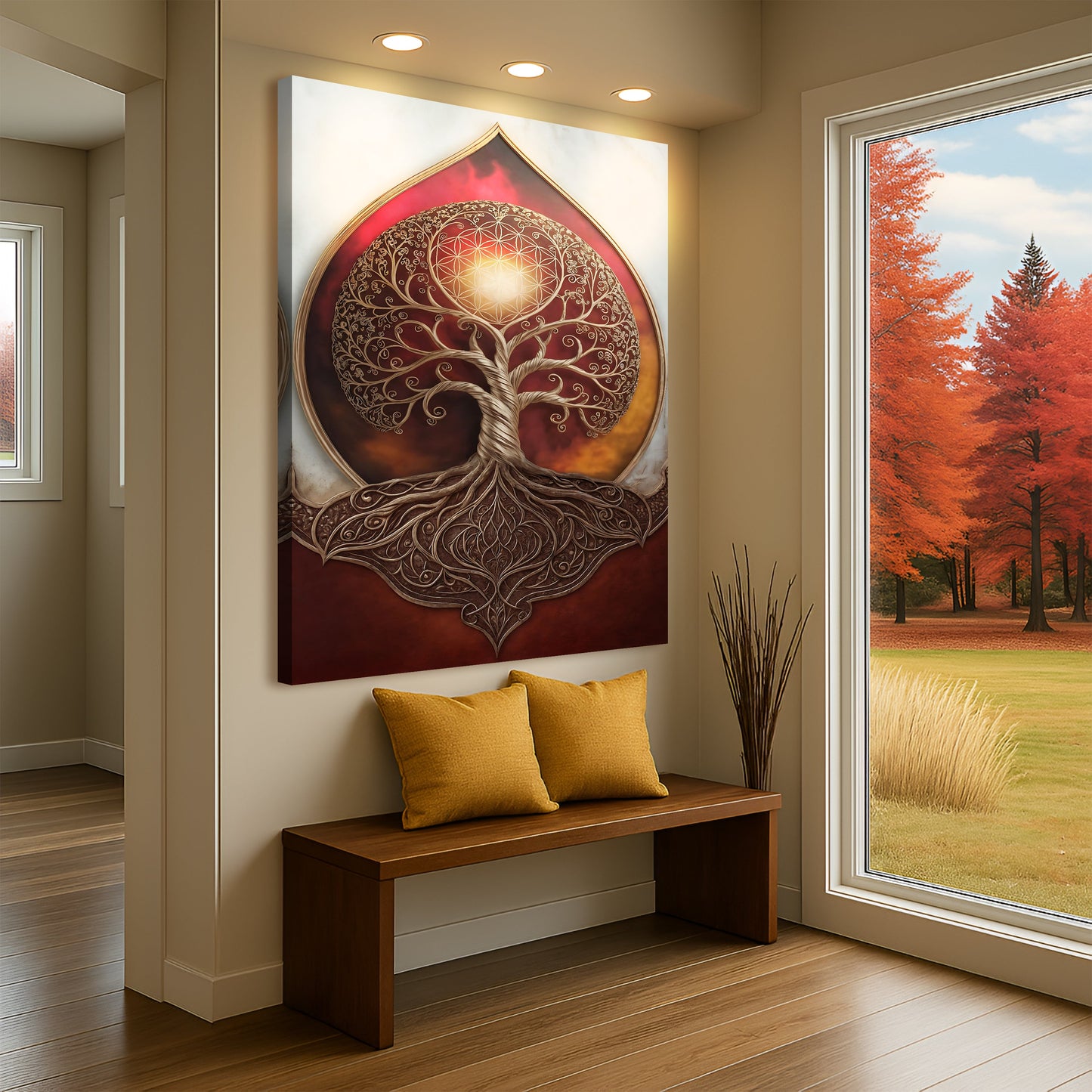 Tree of Life Sacred Geometry canvas wall art by Tailored Canvases, circular maroon design on Tampa Home & Garden Store