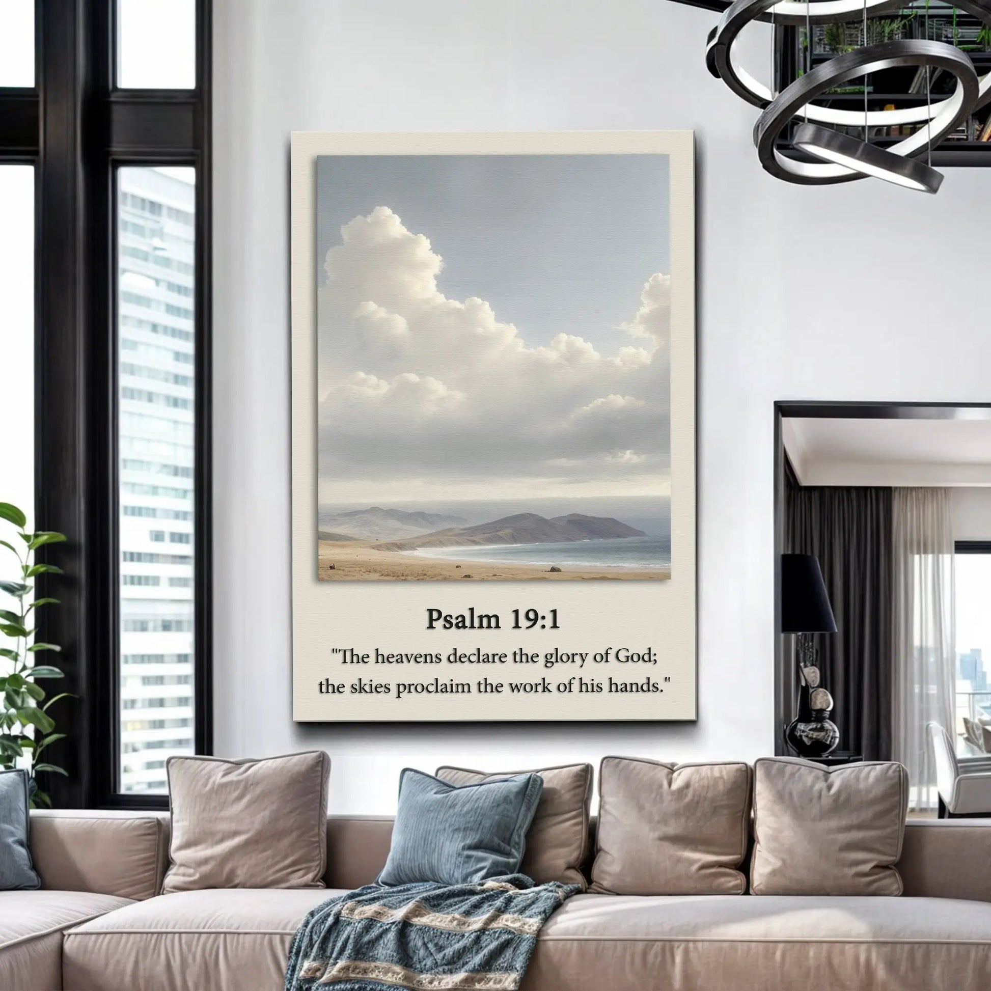 Canvas faith sign Psalm 19:1 by Tailored Canvases, beige framed image of clouds over desert on Tampa Home & Garden Store