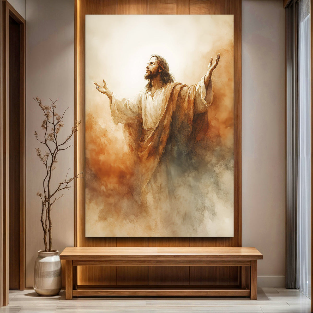 Risen Glory Faith Crafting Canvas by Tailored Canvases in warm sepia tones with wood frame on Tampa Home & Garden Store